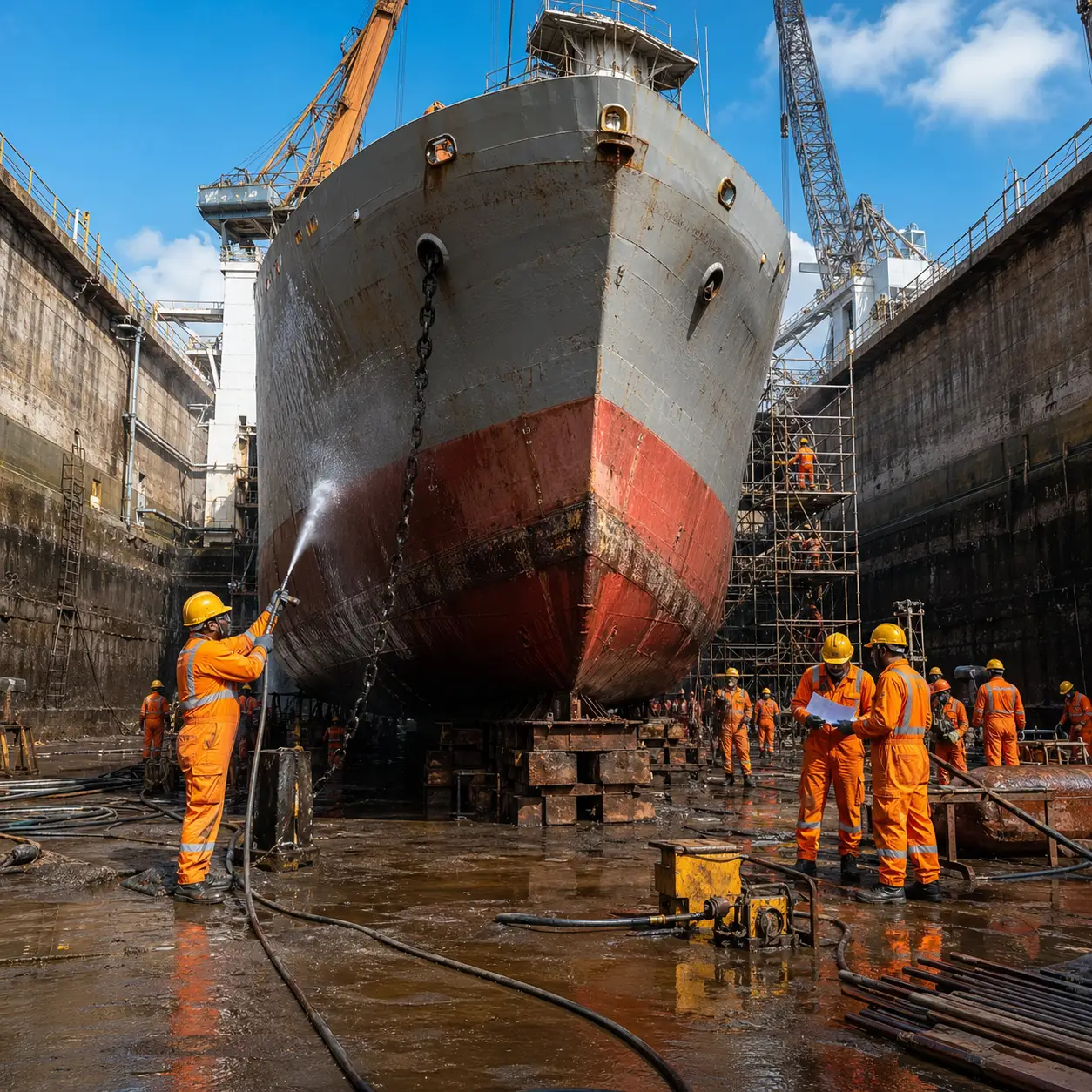 Workers repairing ship hull
