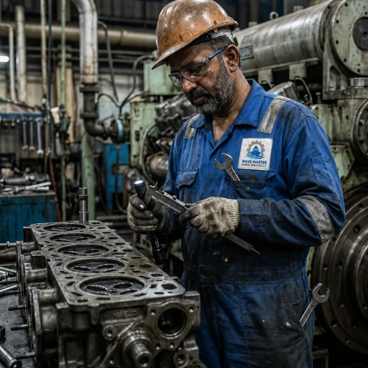 Marine mechanic inspecting engine