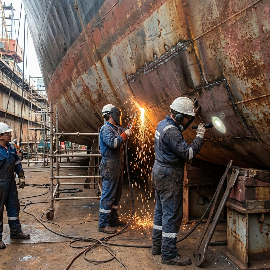Workers repairing ship hull