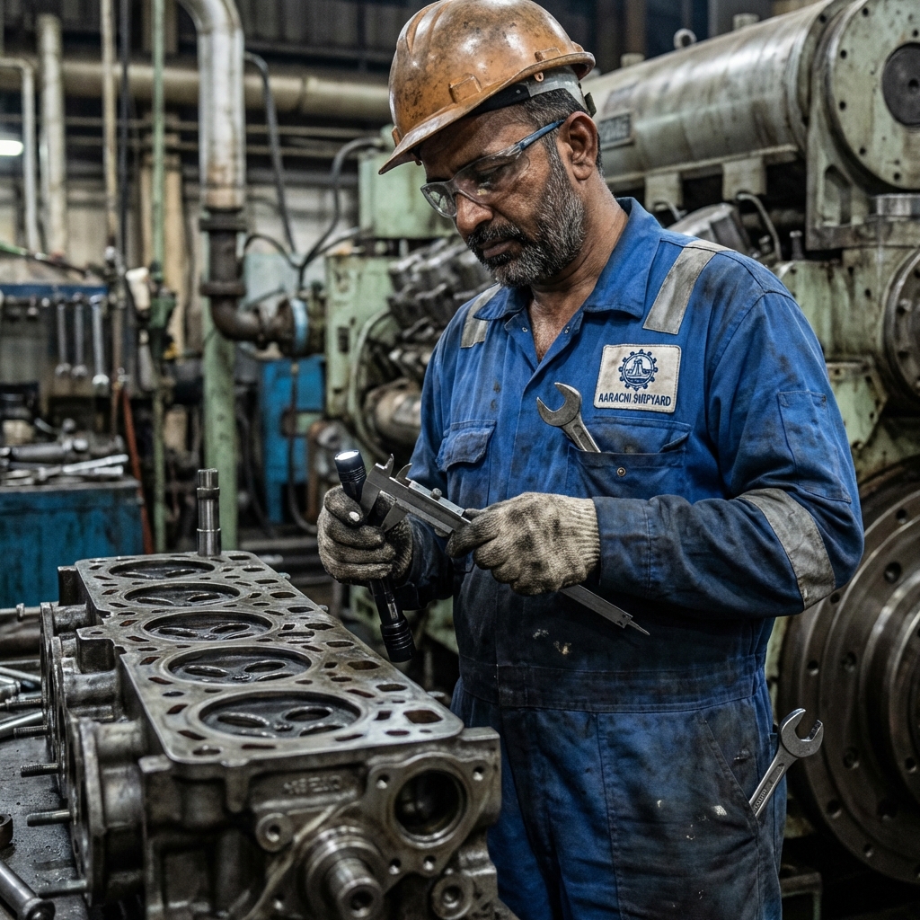 Marine mechanic inspecting engine
